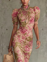 Flor - Vestido longo com padrão vintage de rosas