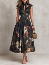 Elsa - Vestido midi plissado com padrão floral