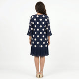 Clara - Vestido Azul Marinho às Bolinhas com Detalhe de Folhos