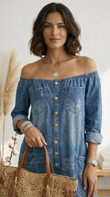 Maria Douro - Macacão de Denim com Ombros à Mostra
