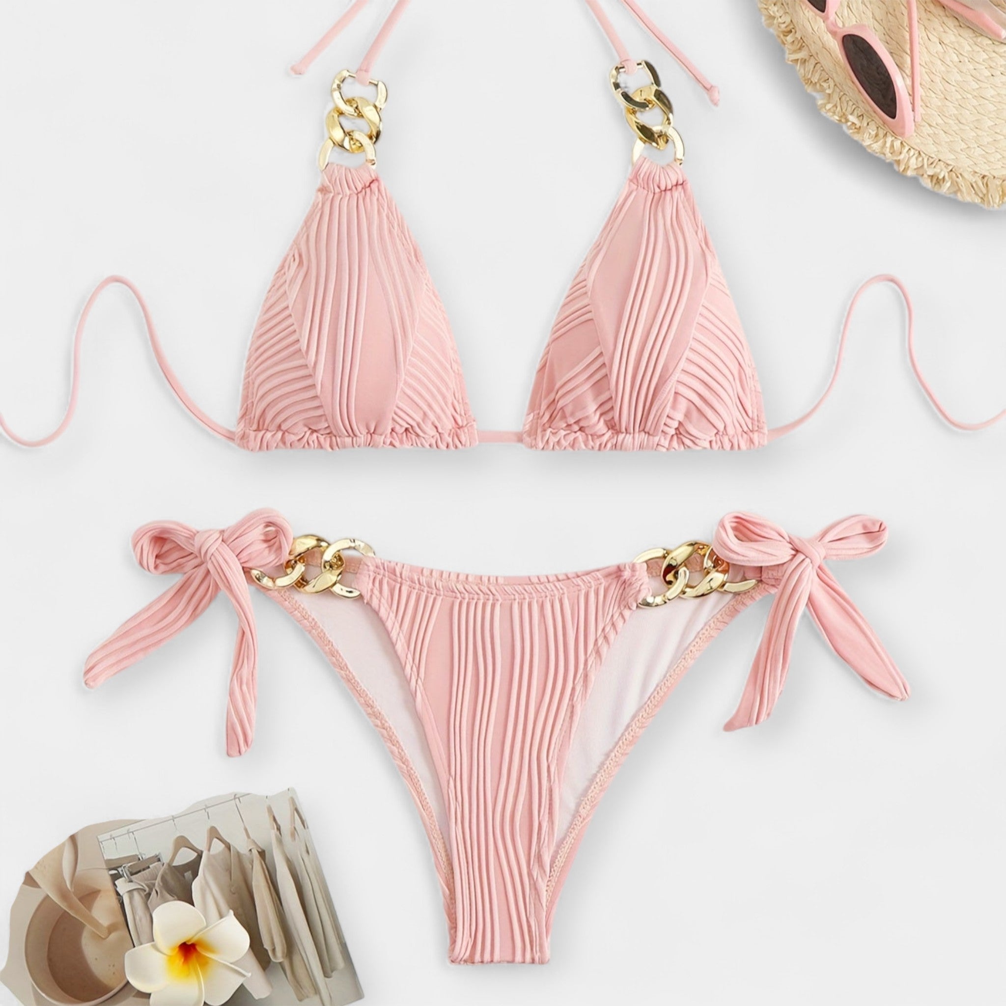 Črtasti Bikini Set z Volančki