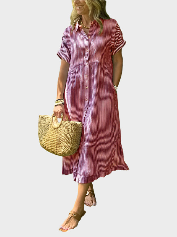 Črtasta obleka s srajčnim ovratnikom, gumbi in praktičnimi žepi