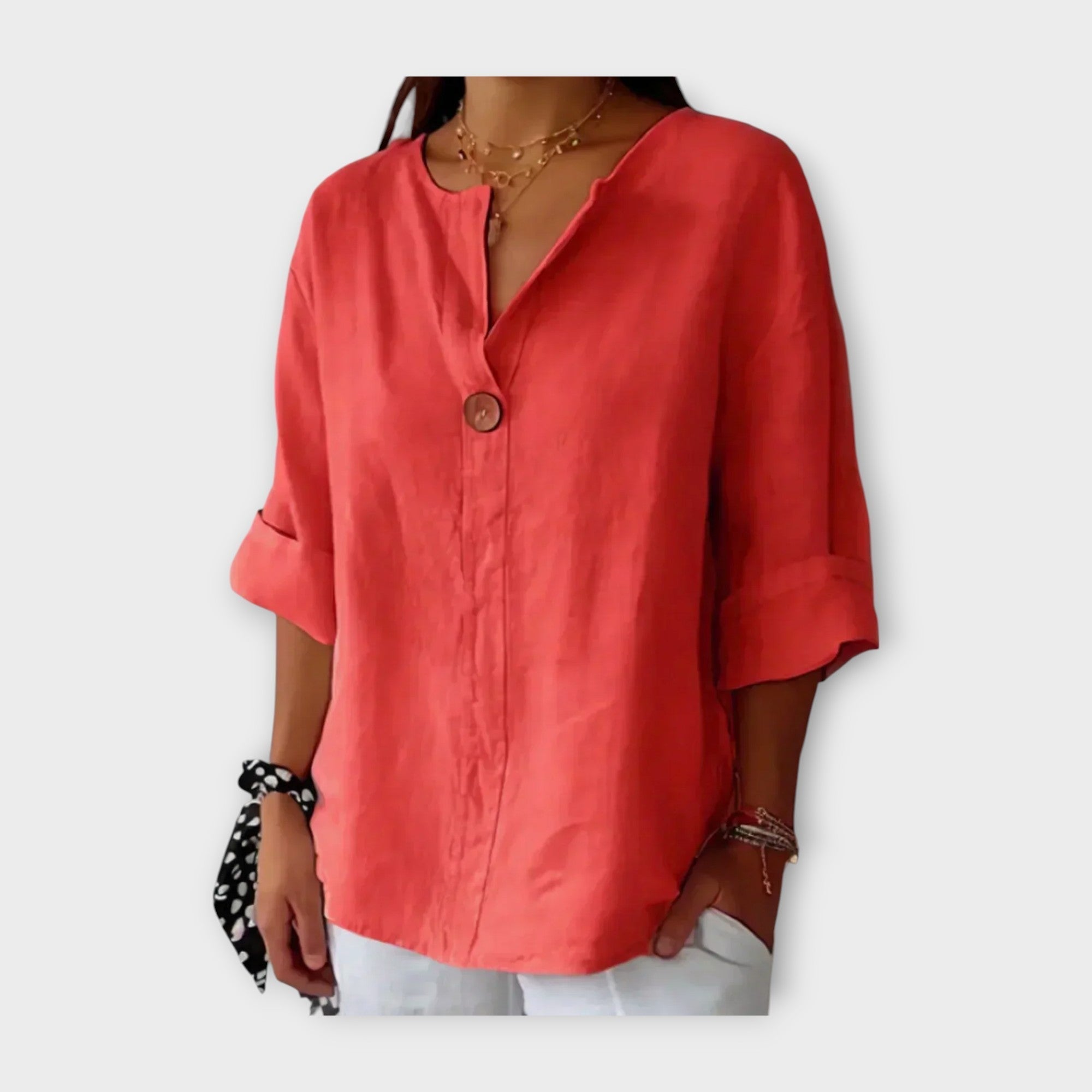 V-Neck Linen Blouse with Button Detail
