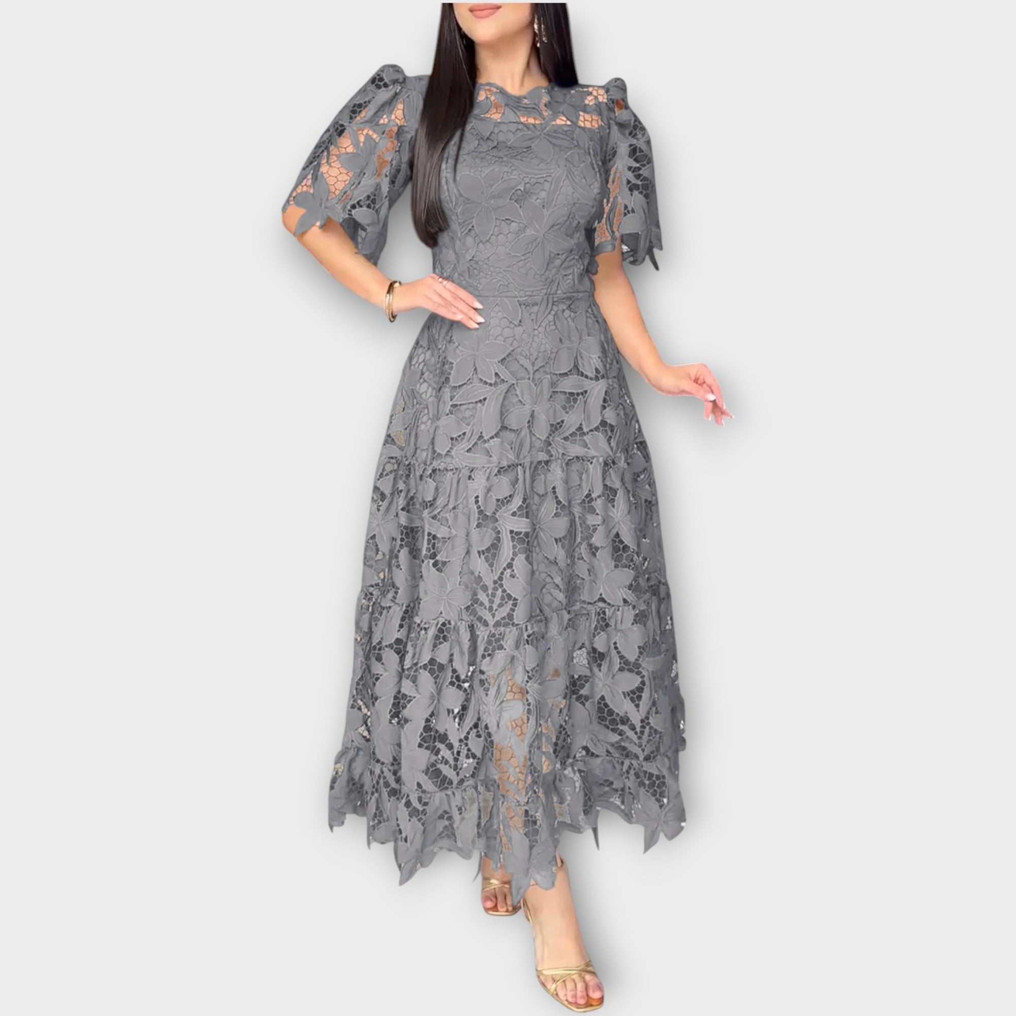 Elegantna midi obleka s cvetnim čipkastim vzorcem