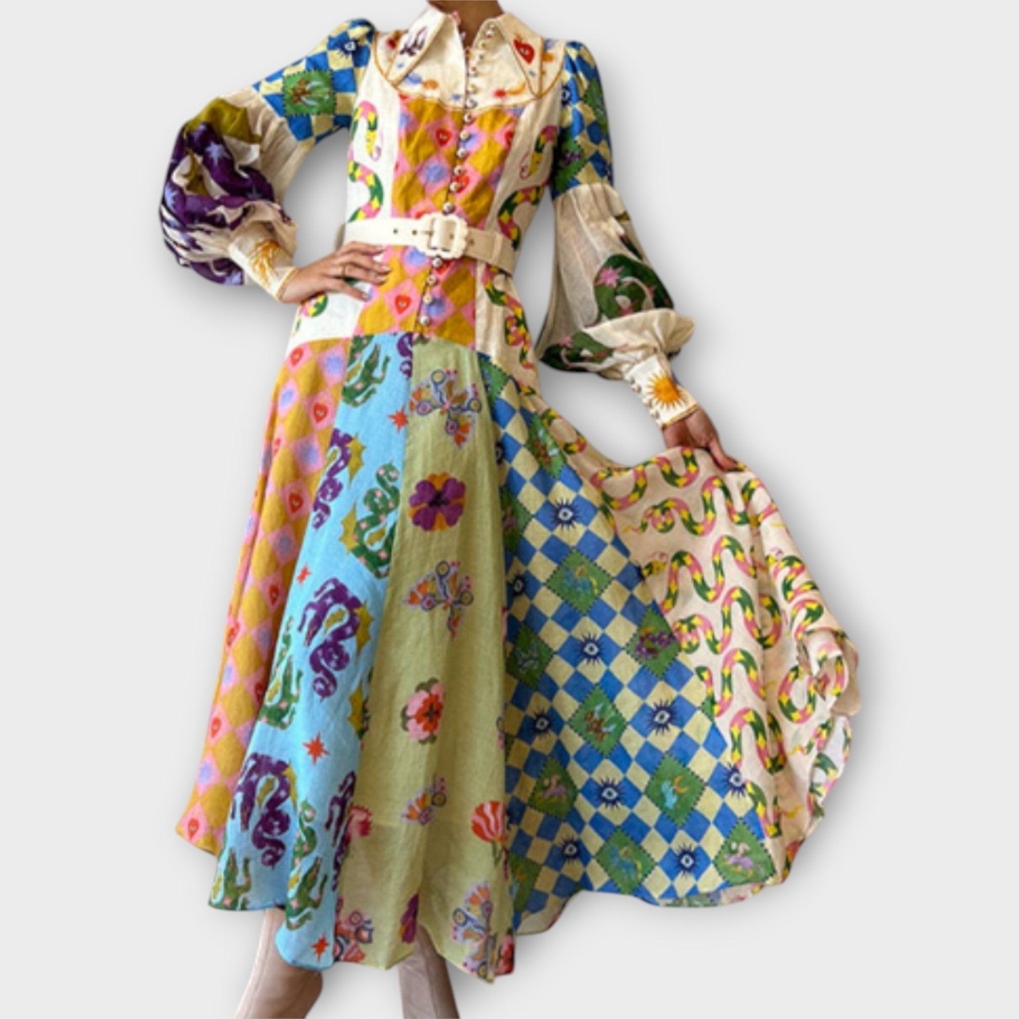 Maxi obleka s pasom in napihnjenimi rokavi