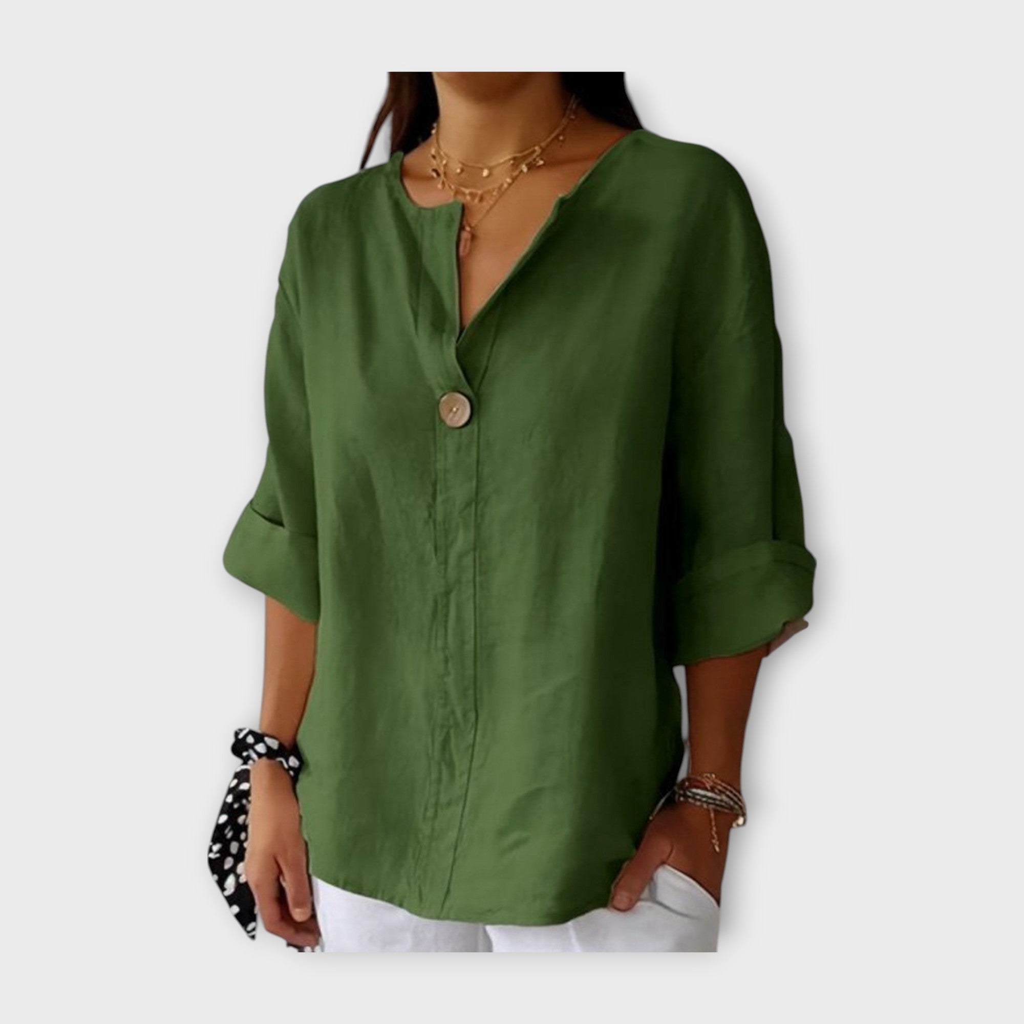 V-Neck Linen Blouse with Button Detail