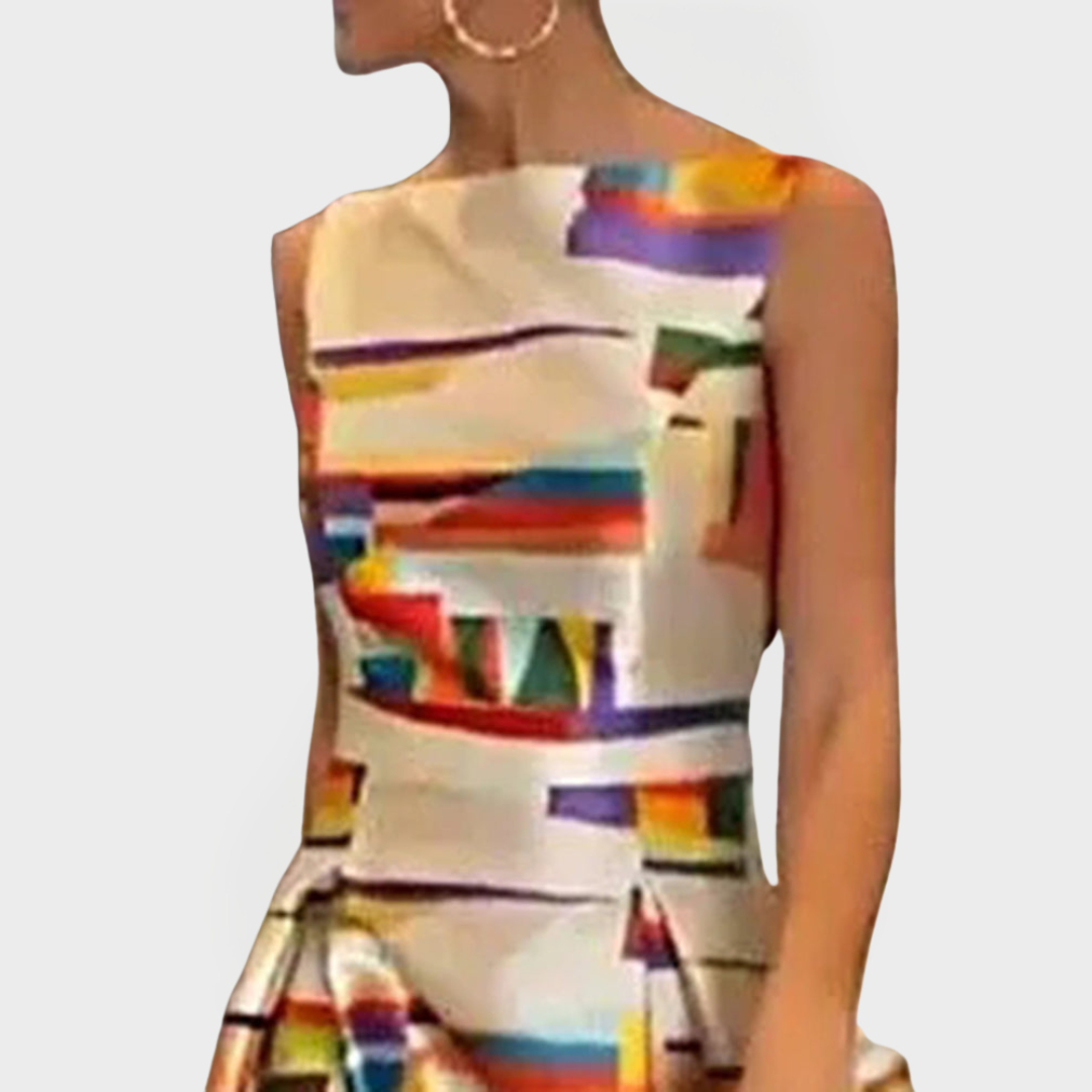 Geometrijsko vzorčasta dolga obleka s sodobnim krojem