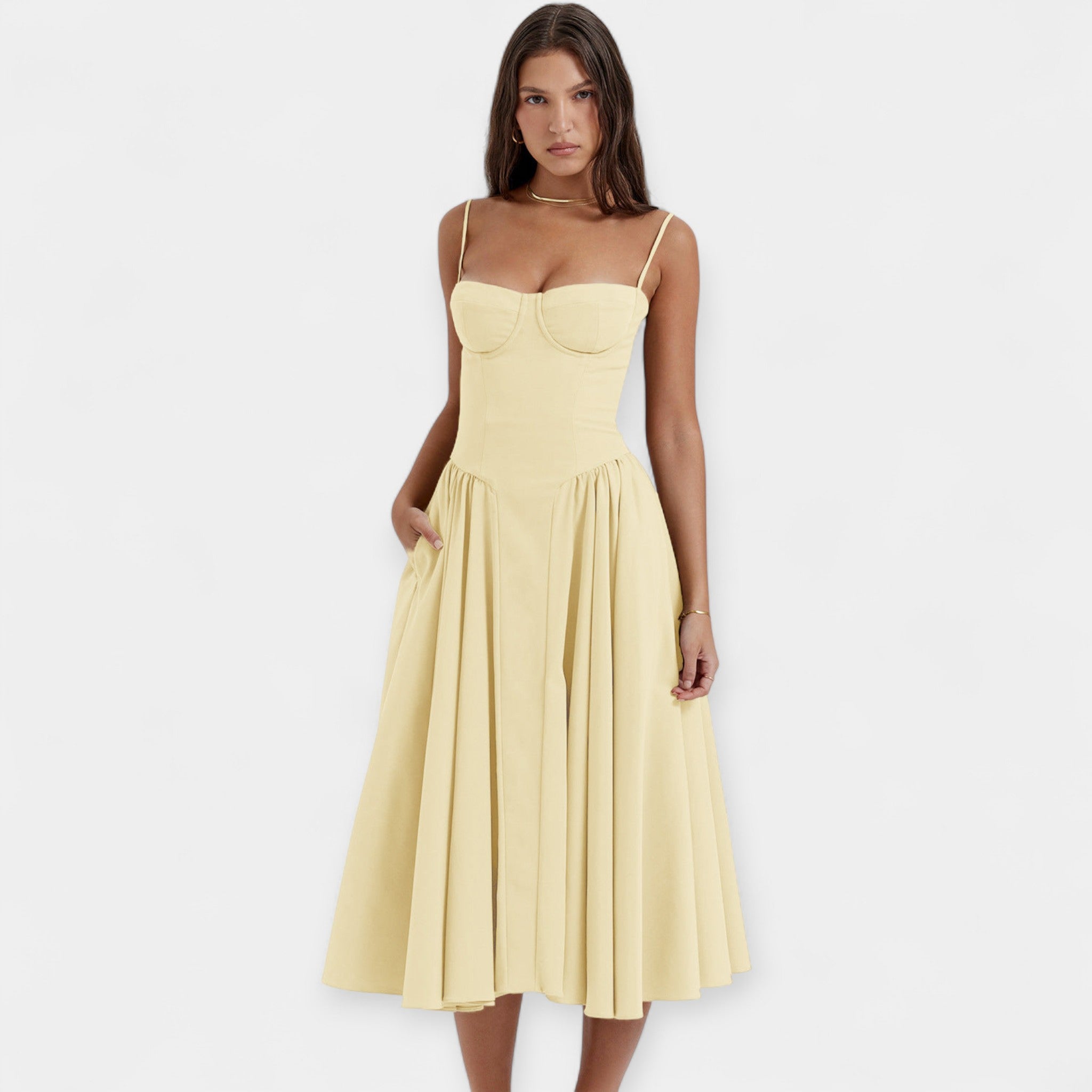 Retro Midi Obleka s Tanjšimi Naramnicami