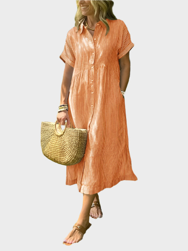 Črtasta obleka s srajčnim ovratnikom, gumbi in praktičnimi žepi