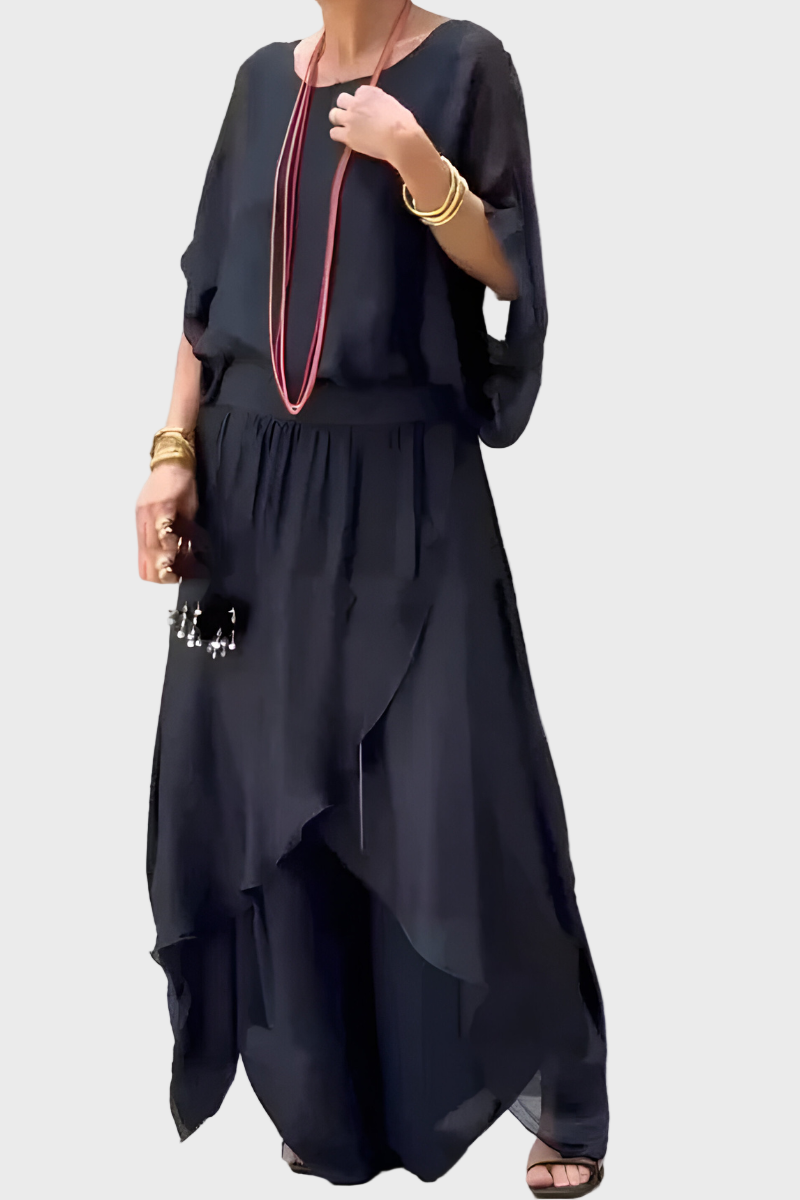 Šifon dvodelni komplet: široka bluzica in raztrgane hlače