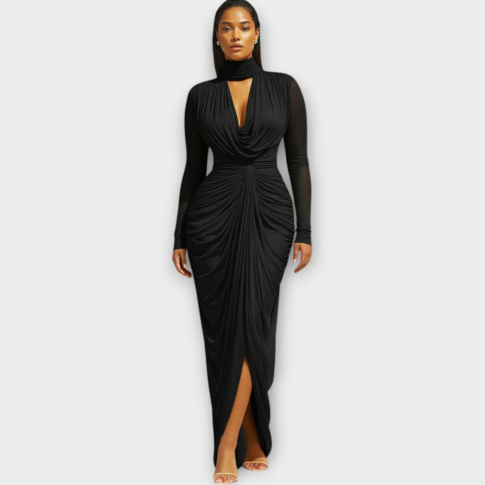 Elegantna večerna obleka s stojnim ovratnikom