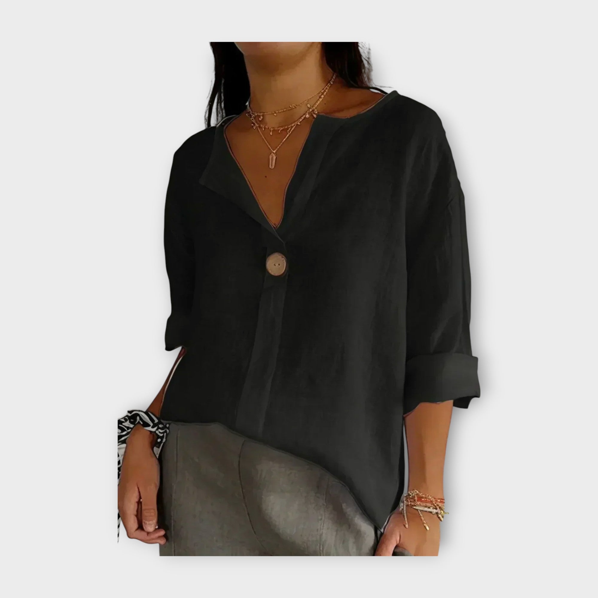 V-Neck Linen Blouse with Button Detail