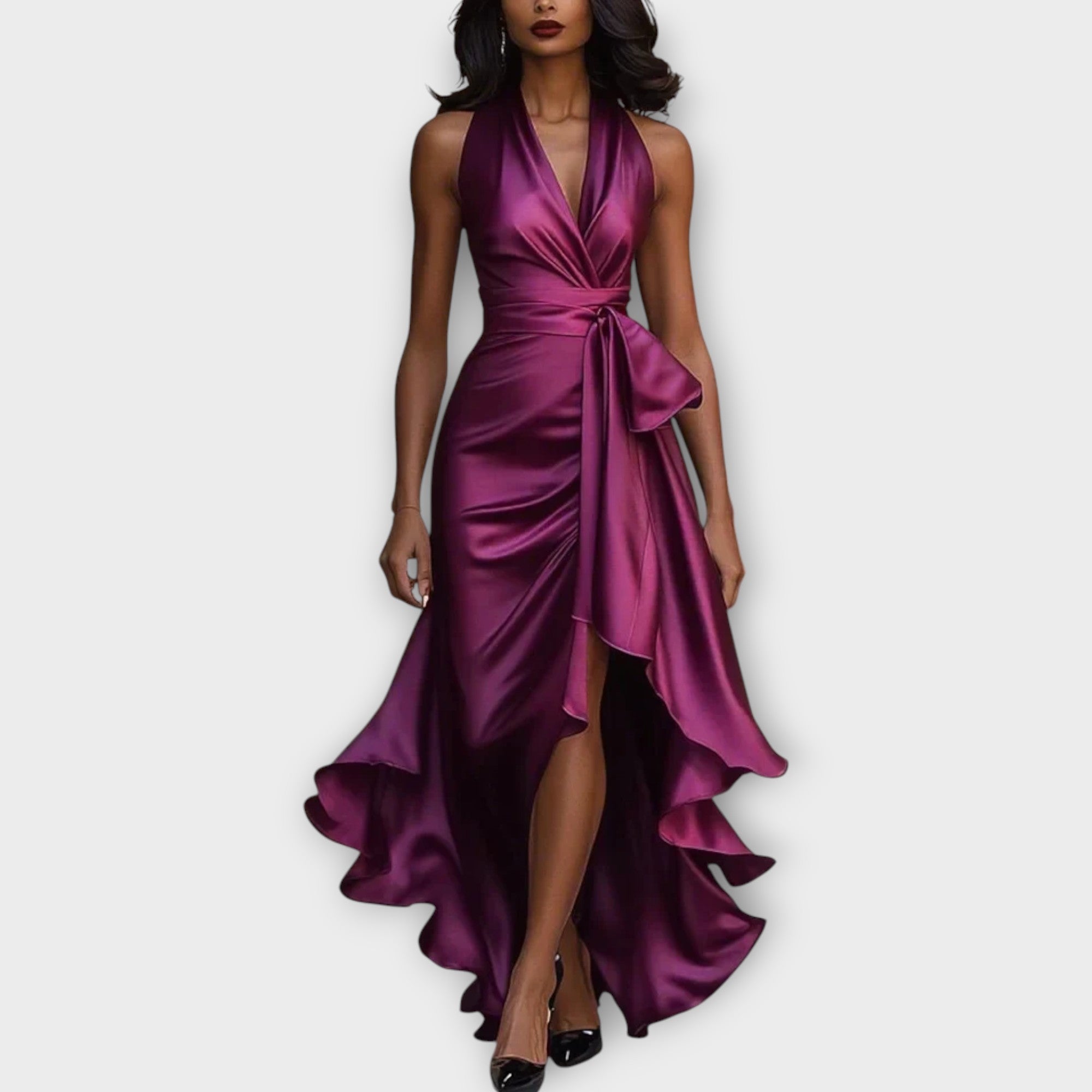 Satin Halter Dress with Draped Waist