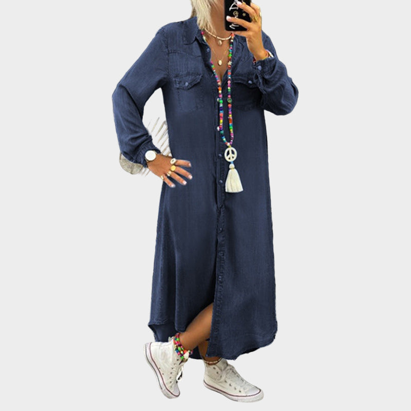Dolga maxi jeans obleka z dolgimi rokavi