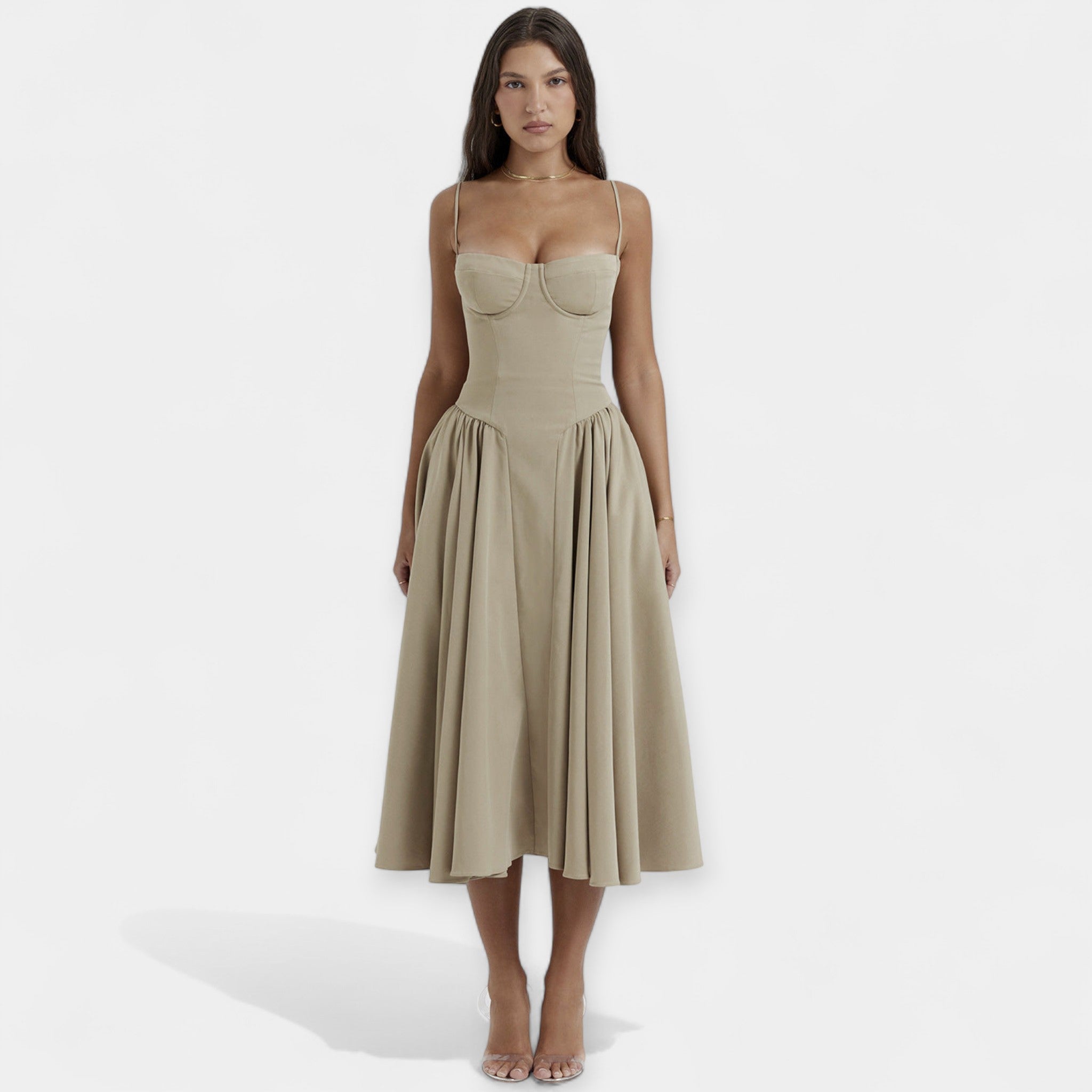 Retro Midi Obleka s Tanjšimi Naramnicami