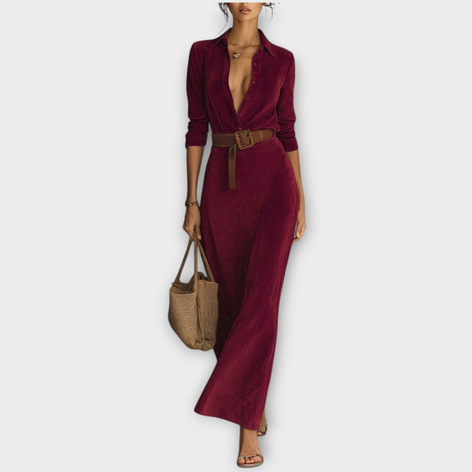 Elegantna Maxi Obleka iz Suede s Pasom