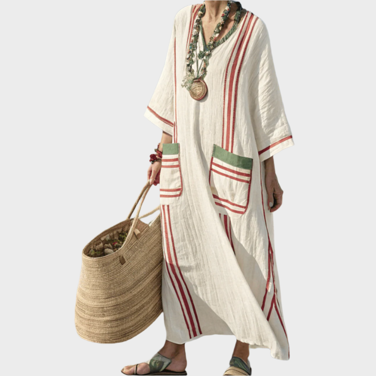 Kaftan z Črtastim Vzorem in Prostornimi Žepi