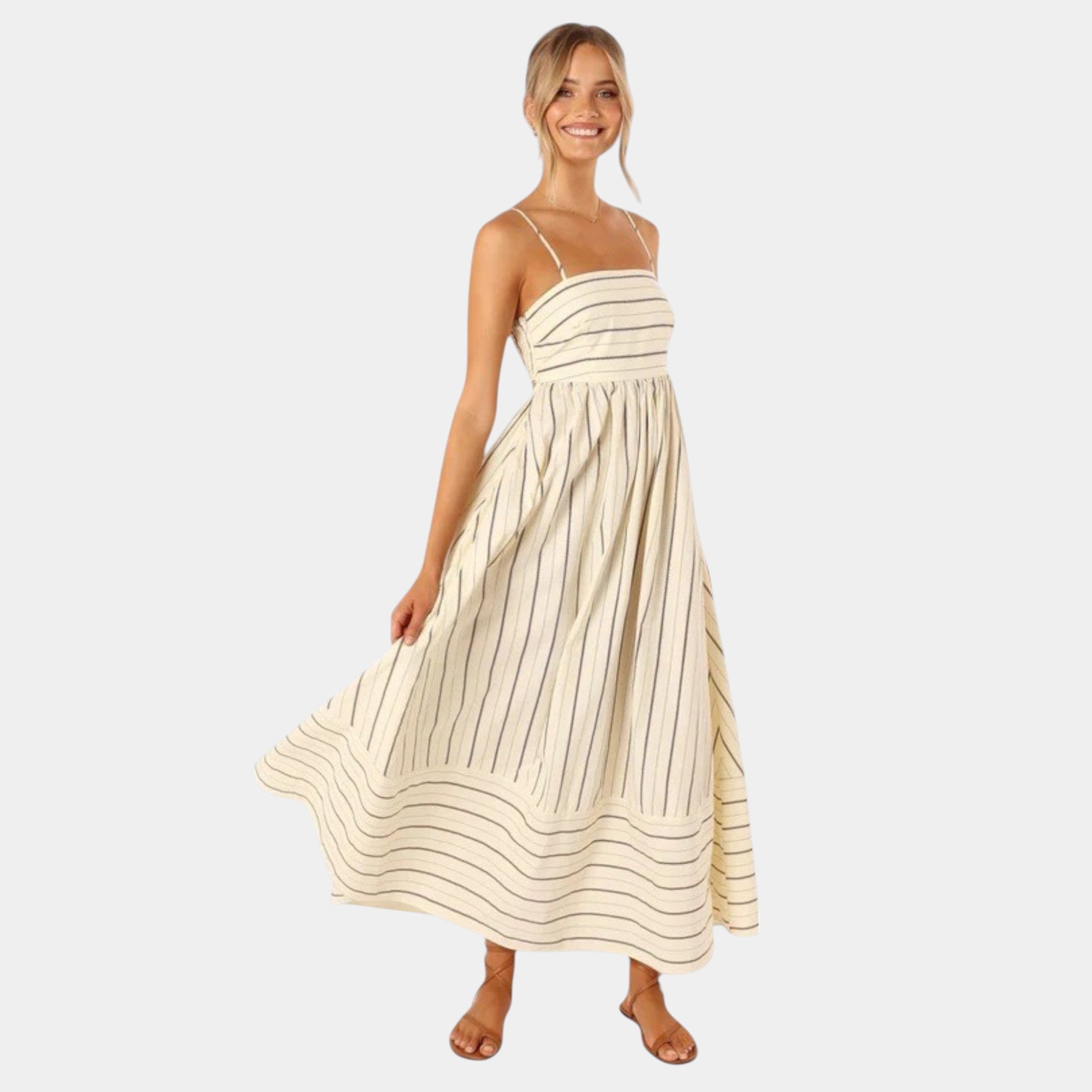 Camille™ | Dolga Poletna Obleka z Elegatnimi Gubami in Kontrastnimi Črtami
