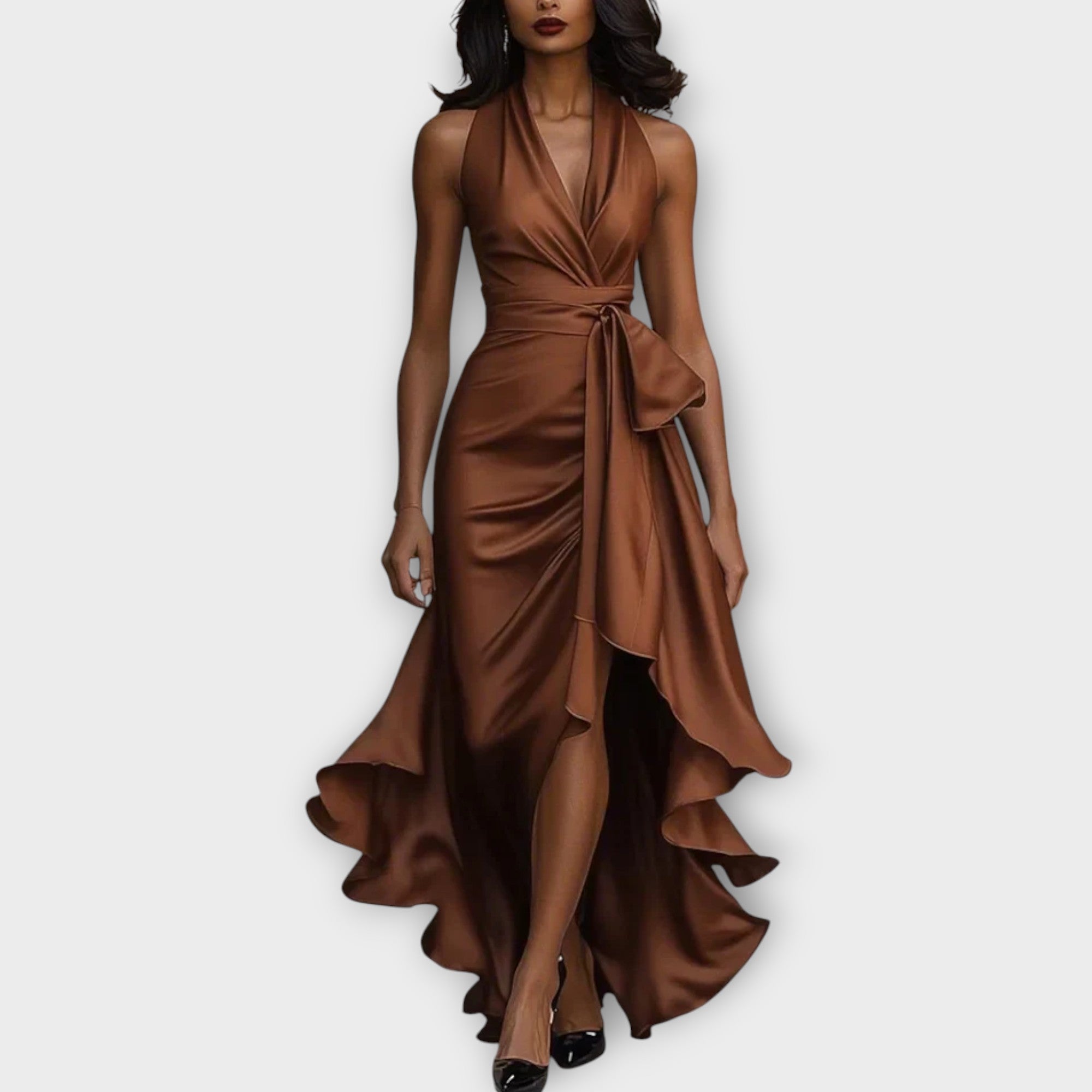 Satin Halter Dress with Draped Waist