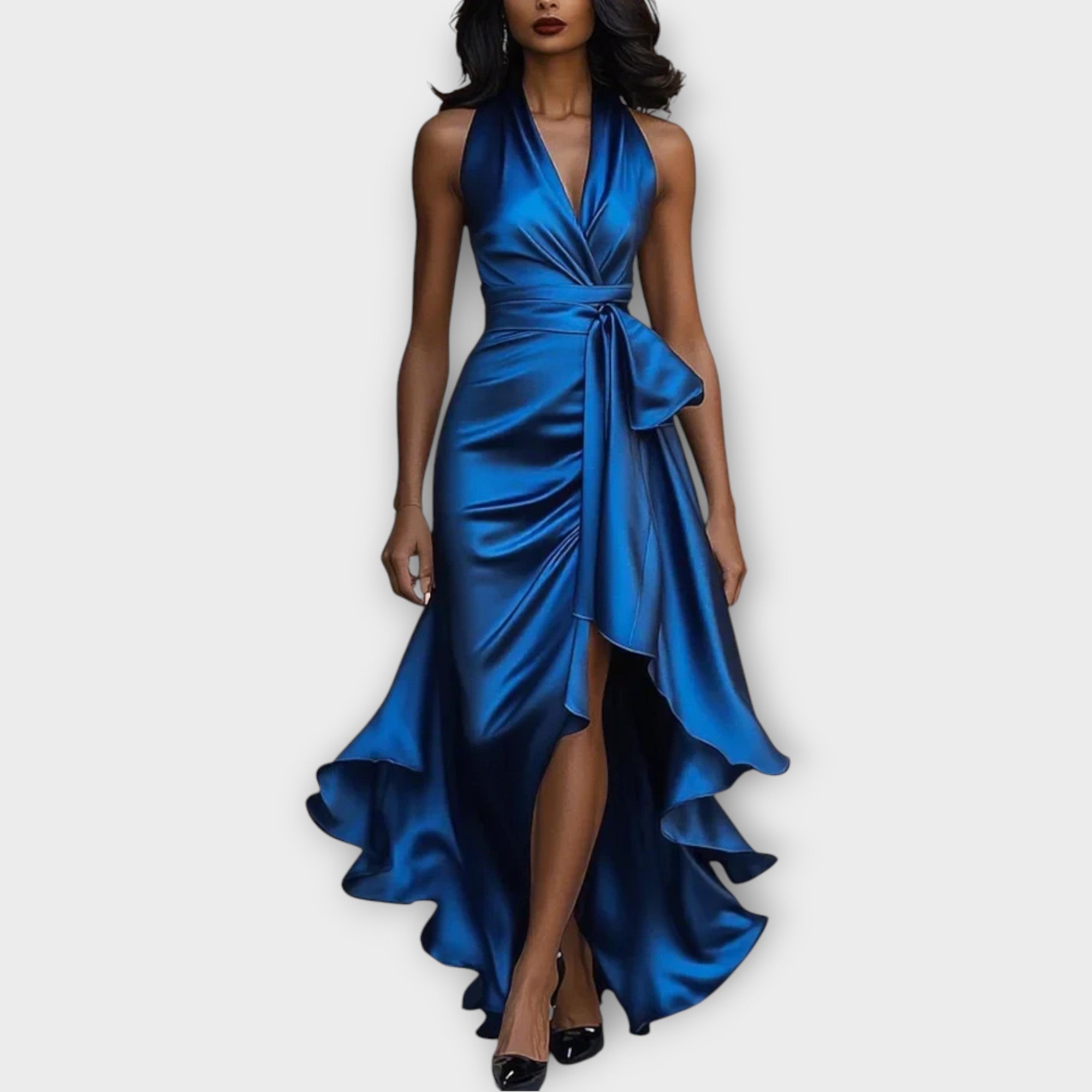 Satin Halter Dress with Draped Waist