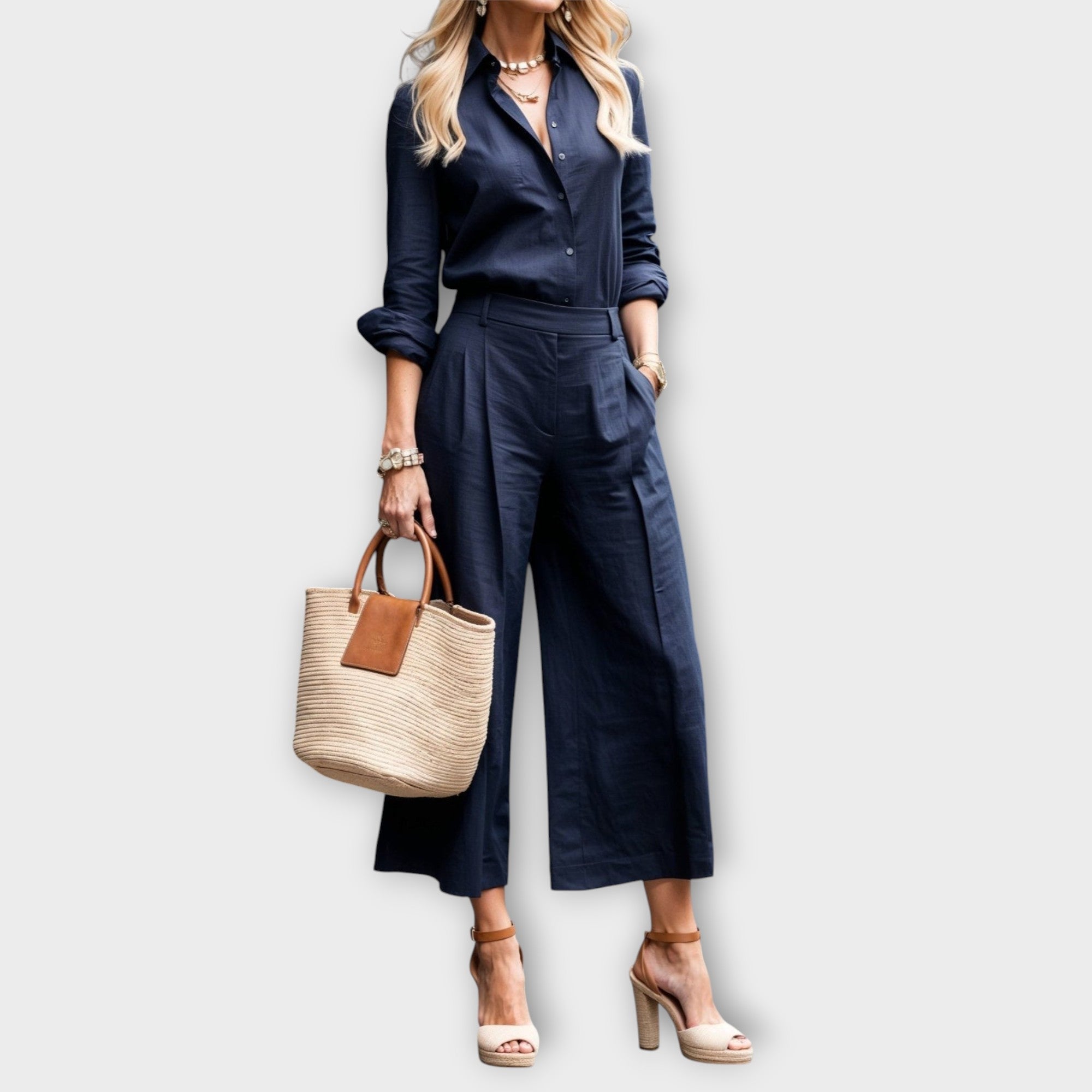 Lanena srajca v roza barvi in široke hlače