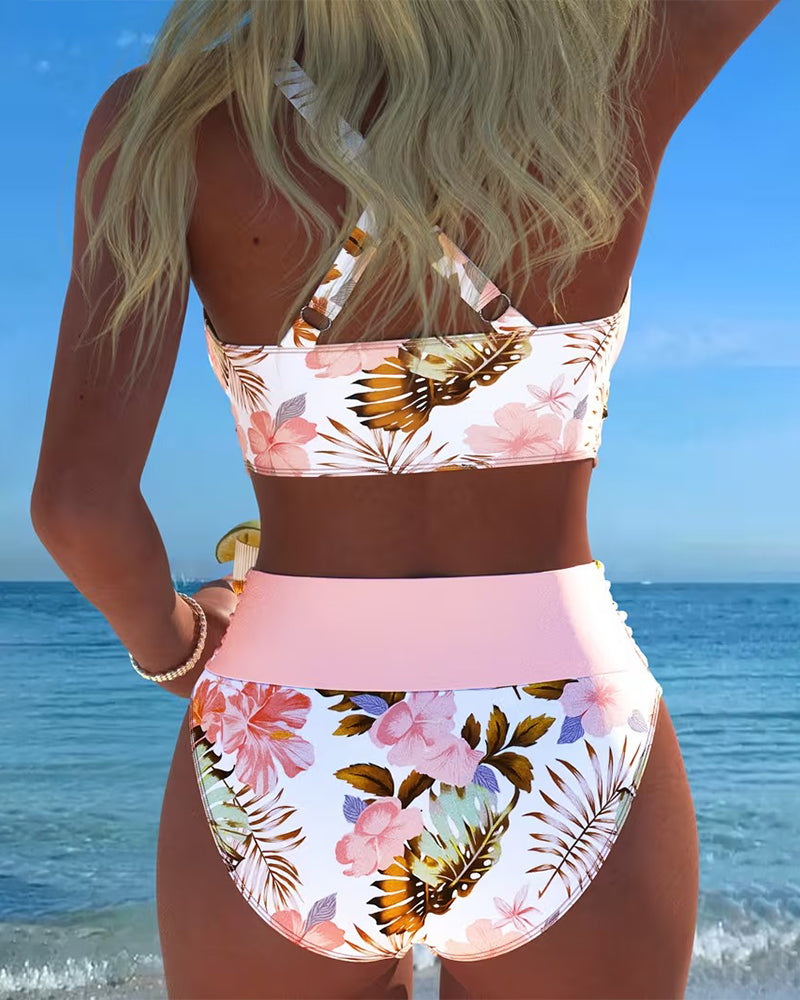 Lorena - Biquíni com estampado floral contrastante e fenda