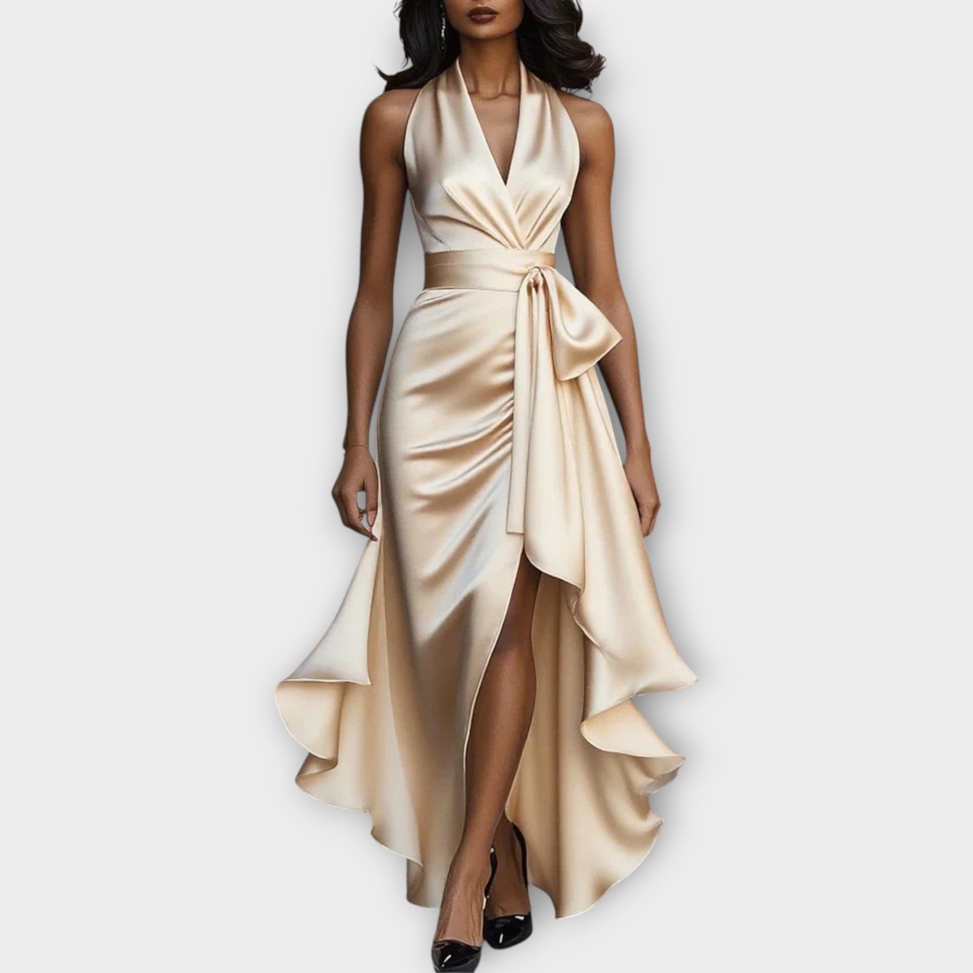 Satin Halter Dress with Draped Waist