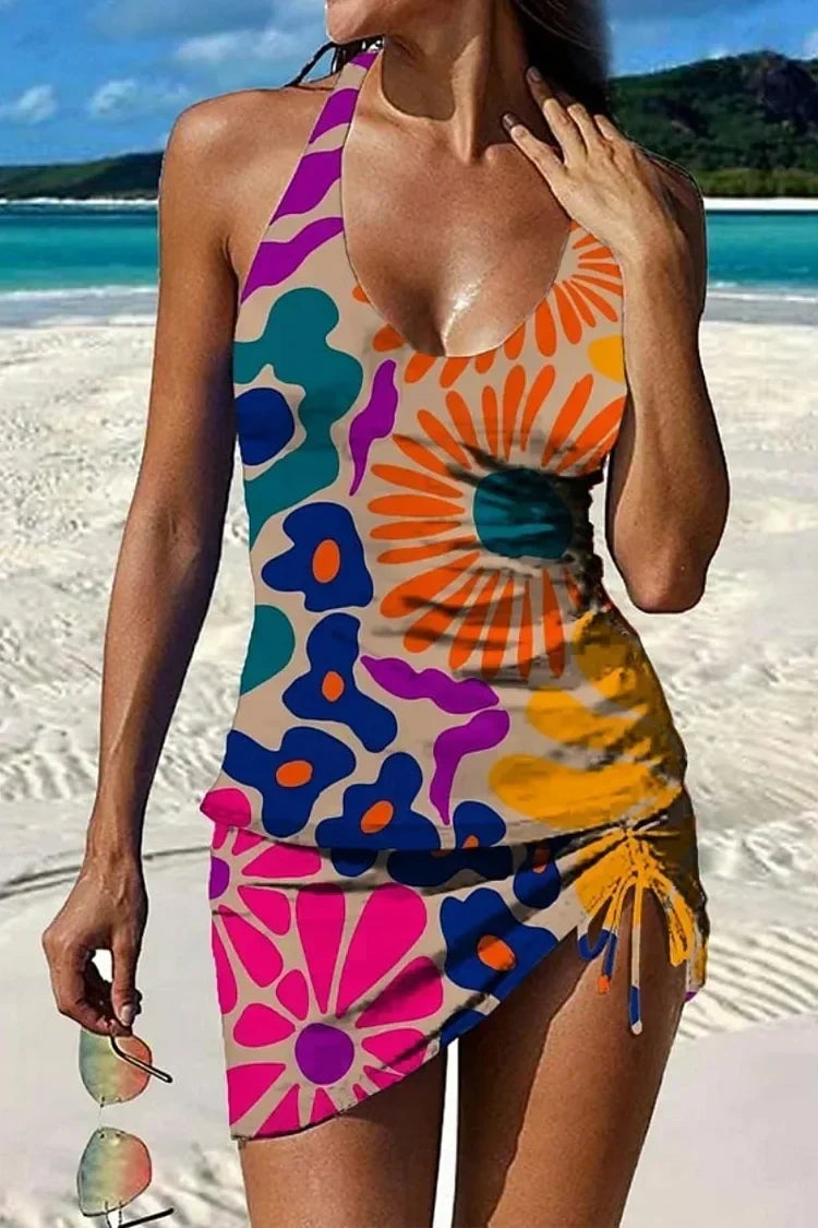 Fani – Tankini gráfico floral com calções, efeito barriga lisa