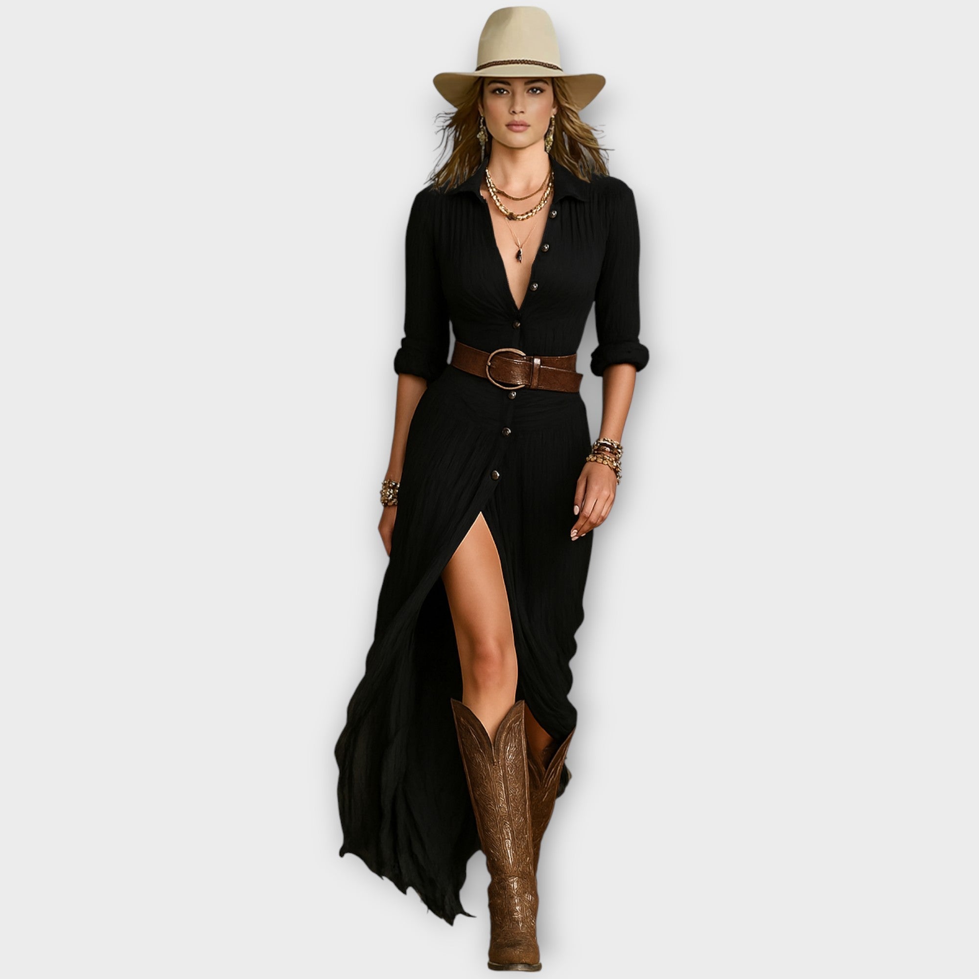 Maxi obleka z gumbi v zahodni eleganci