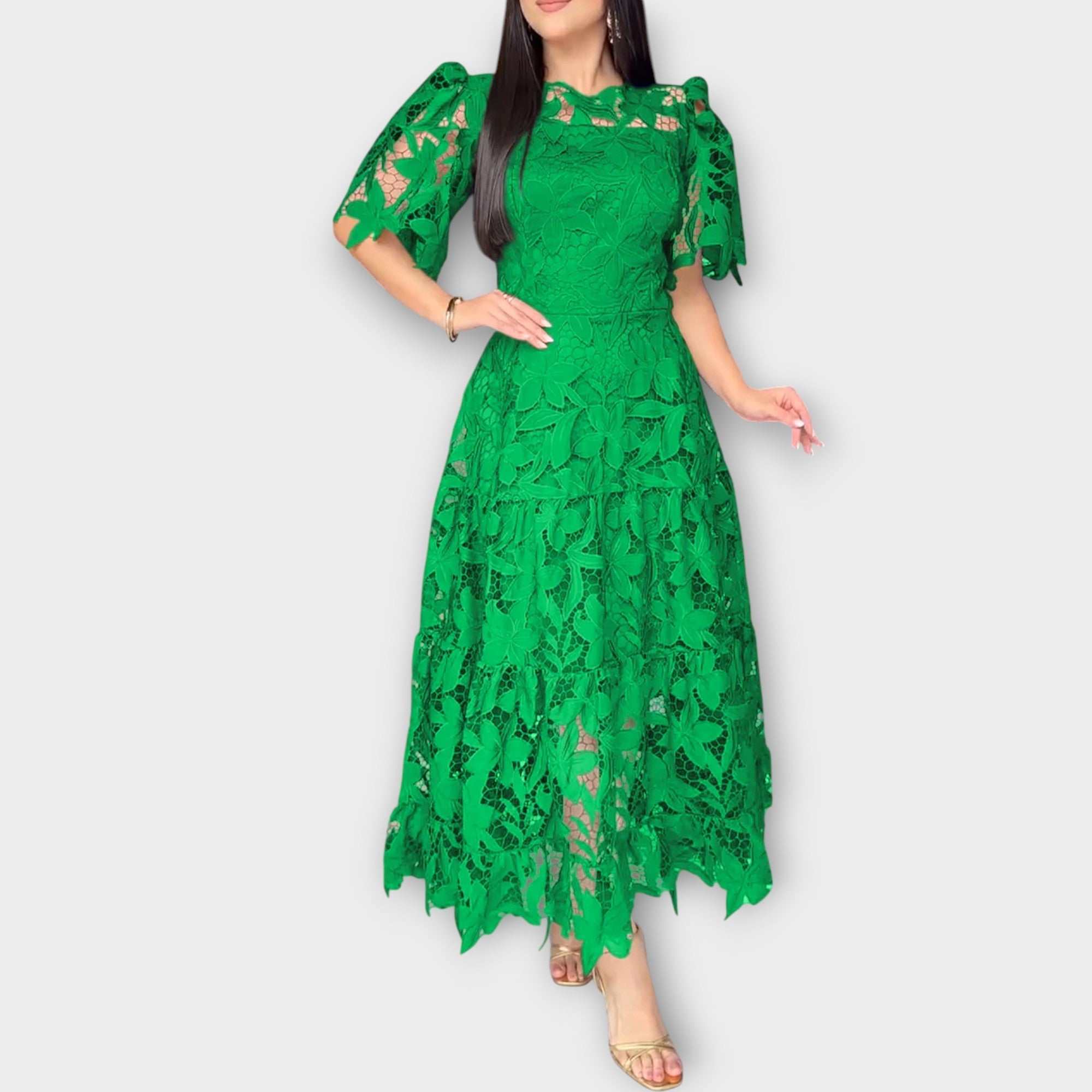 Elegantna midi obleka s cvetnim čipkastim vzorcem