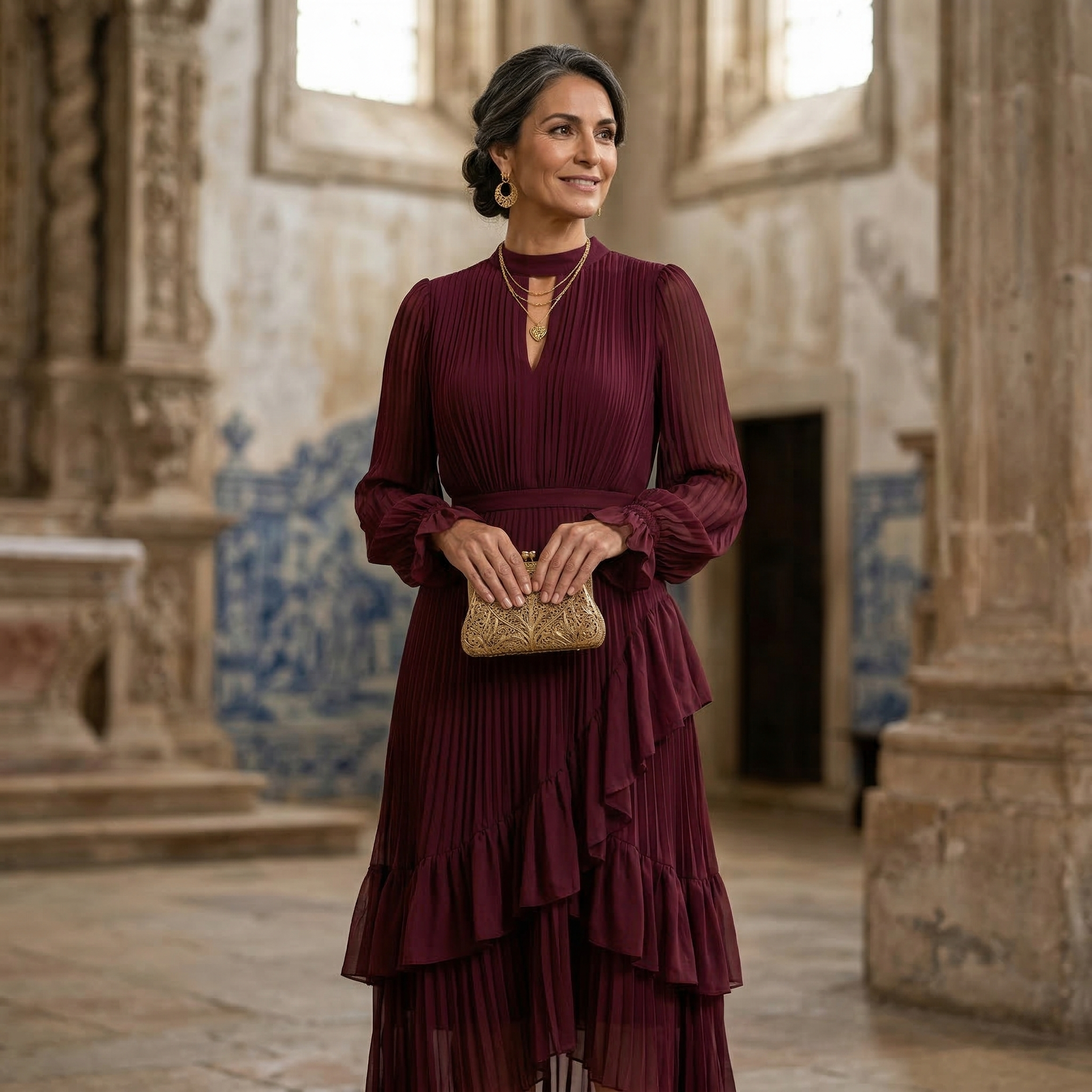 Mariana - Vestido Plissado com Mangas Fluídas e Folhos Assimétricos