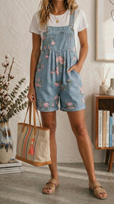 Maria Douro - Macacão Curto Floral de Denim