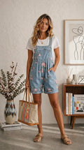 Maria Douro - Macacão Curto Floral de Denim