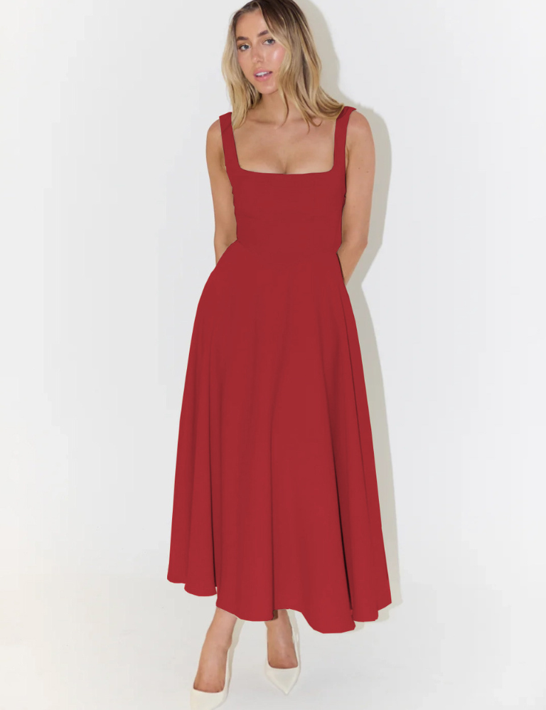 Elegantna midi obleka s romantično silhueto