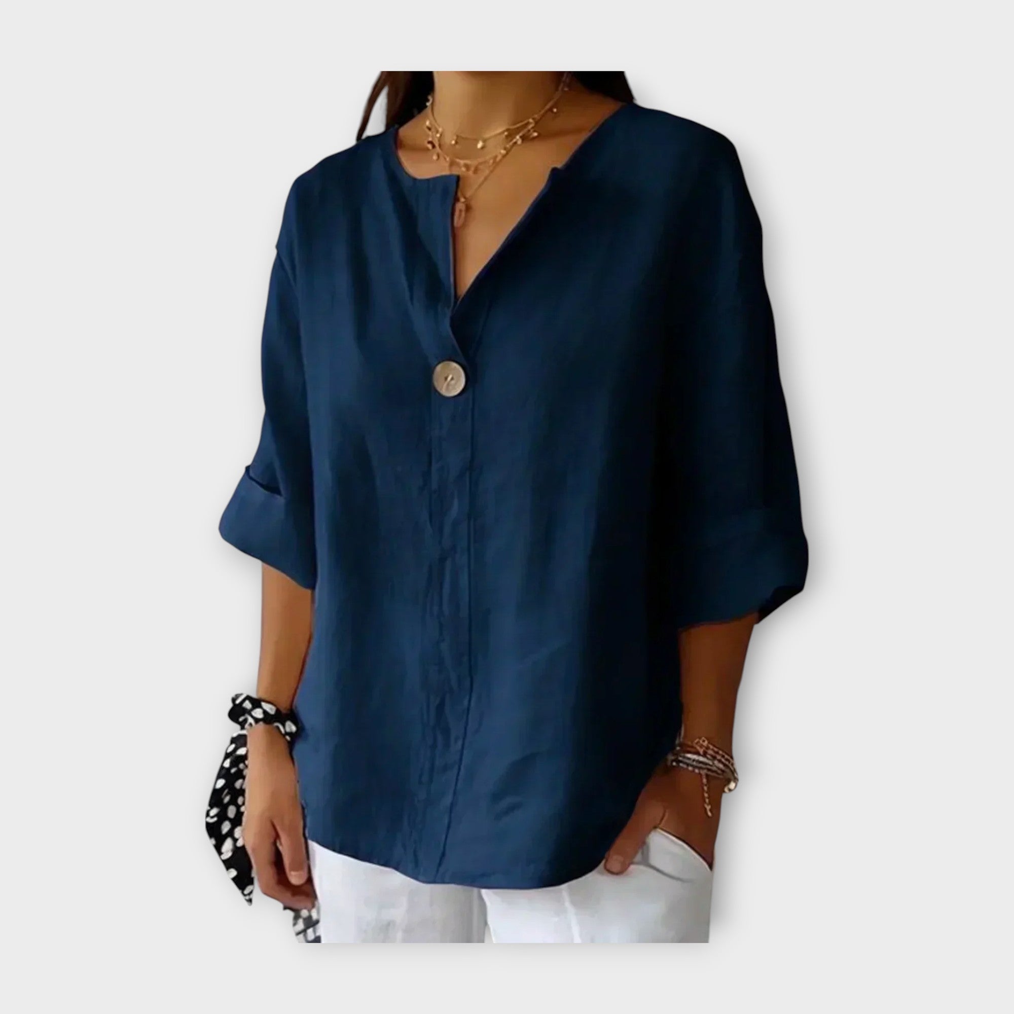 V-Neck Linen Blouse with Button Detail