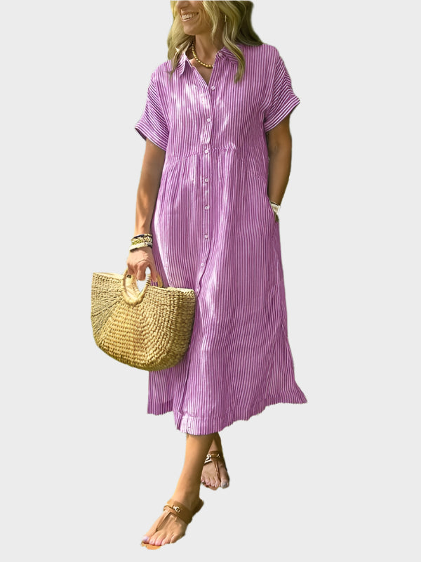 Črtasta obleka s srajčnim ovratnikom, gumbi in praktičnimi žepi