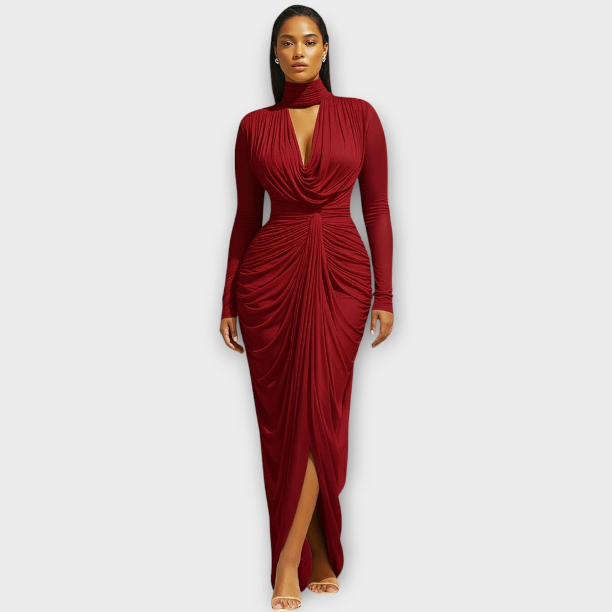 Elegantna večerna obleka s stojnim ovratnikom