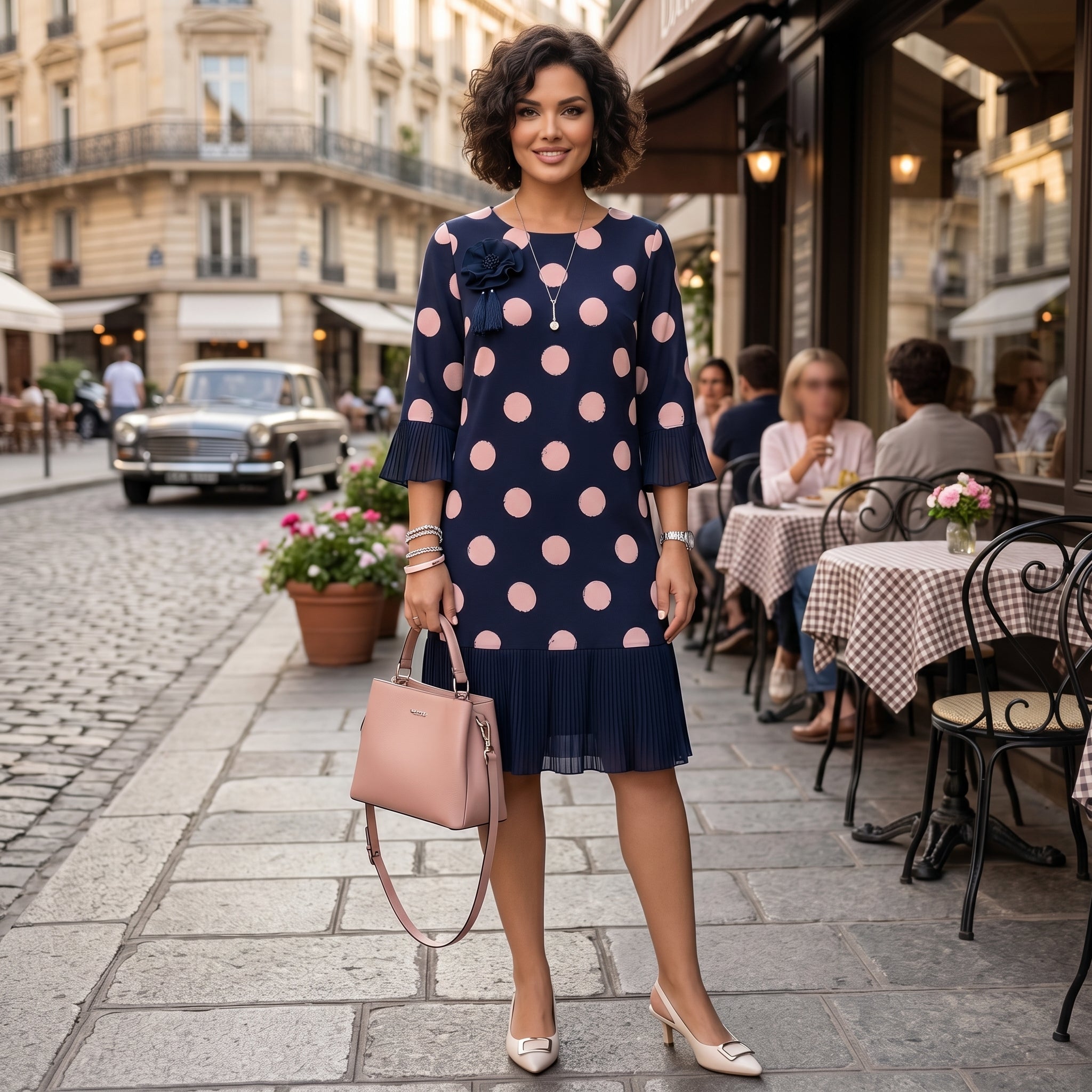 Clara - Vestido Azul Marinho às Bolinhas com Detalhe de Folhos