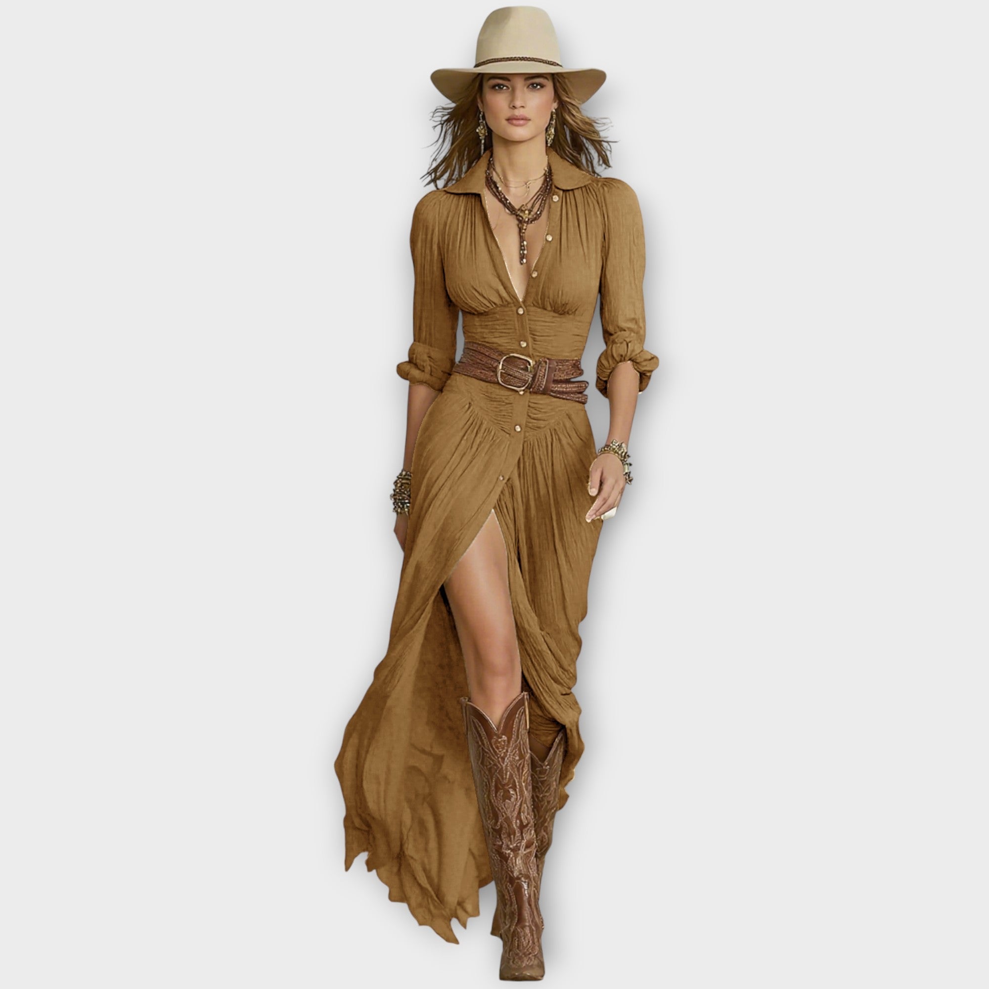 Maxi obleka z gumbi v zahodni eleganci