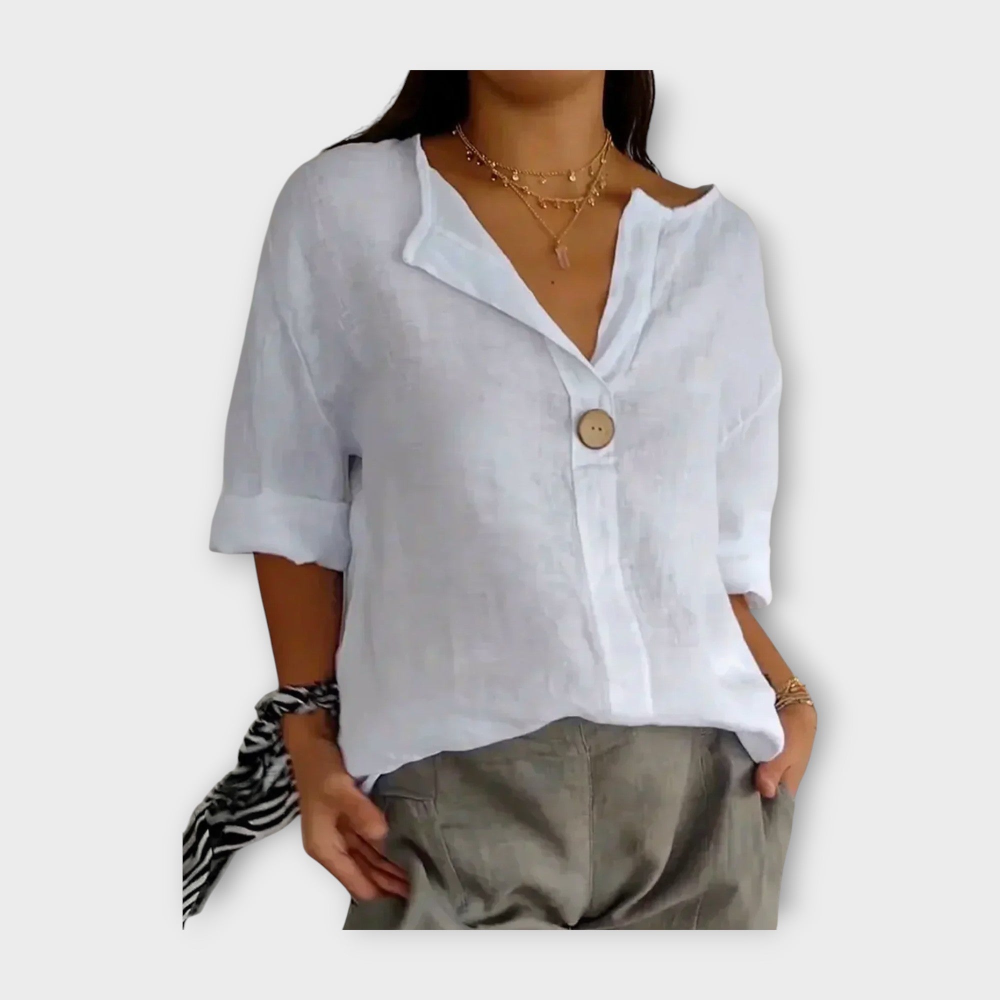 V-Neck Linen Blouse with Button Detail