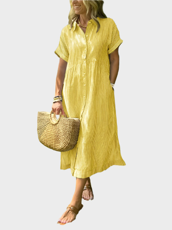 Črtasta obleka s srajčnim ovratnikom, gumbi in praktičnimi žepi