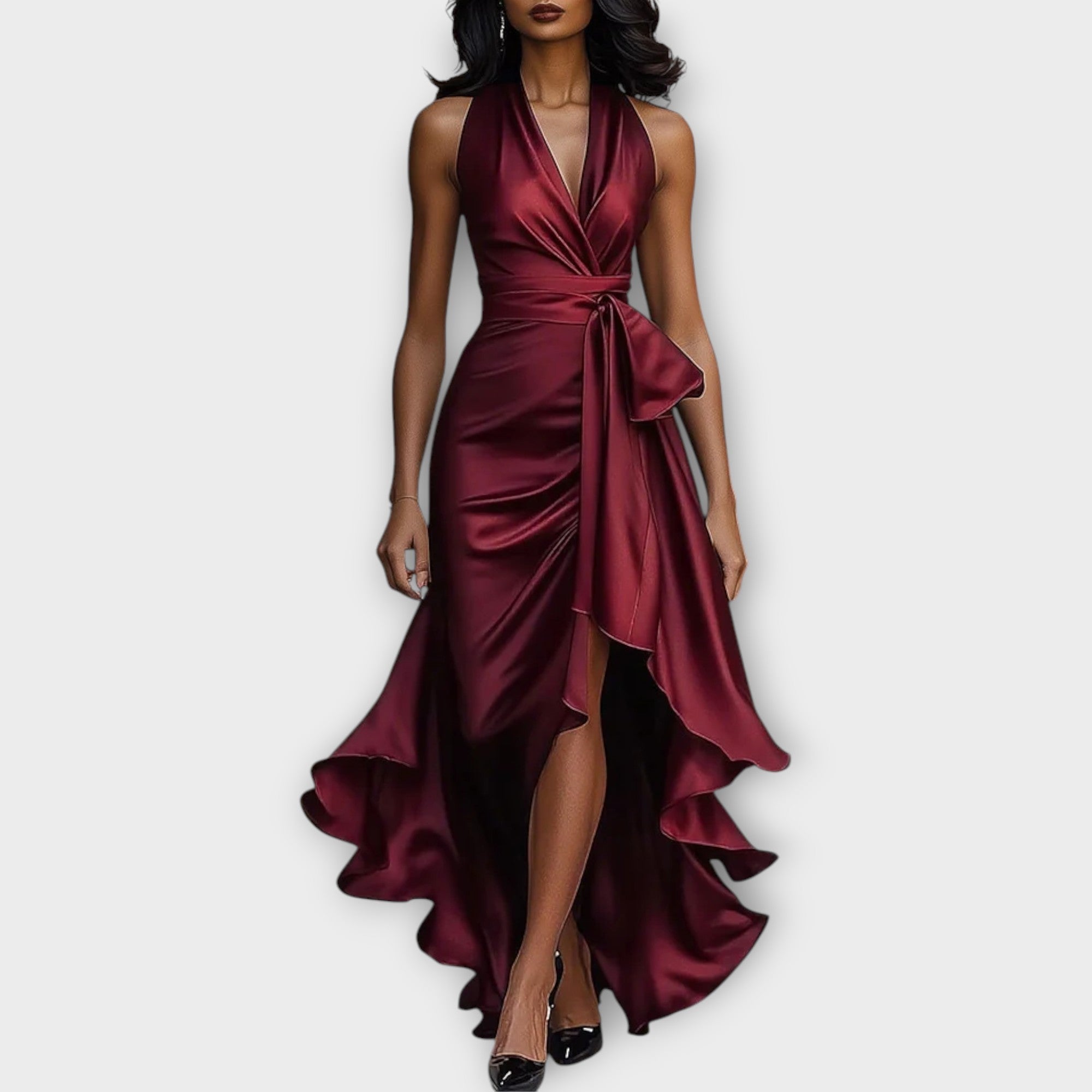 Satin Halter Dress with Draped Waist