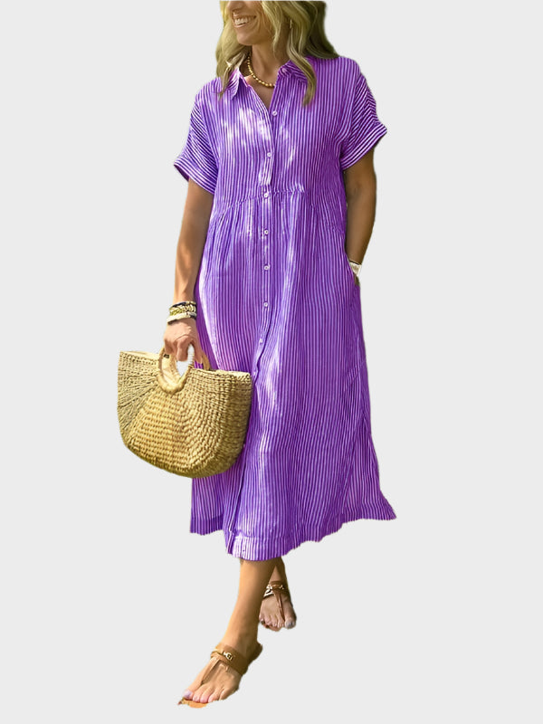 Črtasta obleka s srajčnim ovratnikom, gumbi in praktičnimi žepi