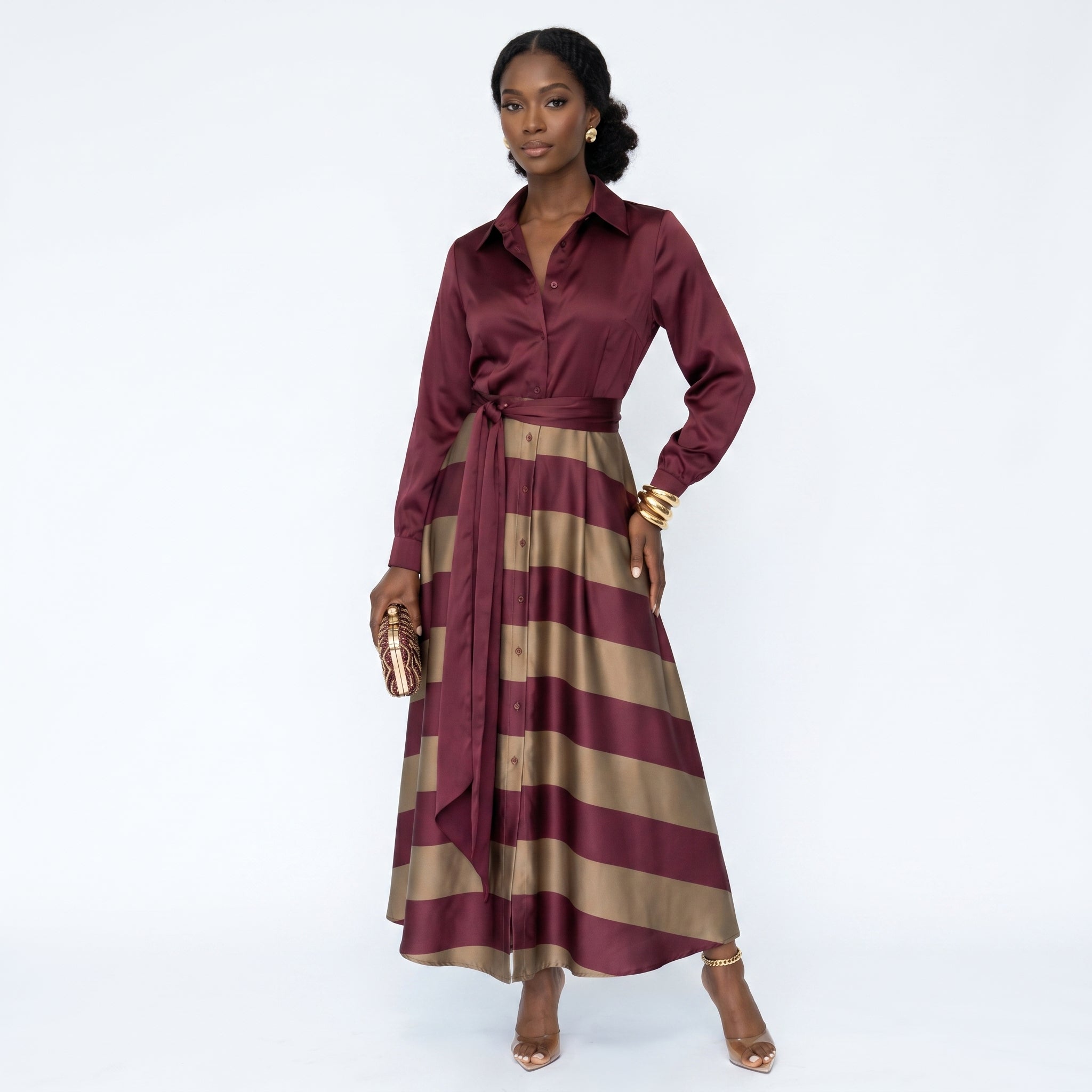 Beatriz - Vestido de Cetim às Riscas Elegante