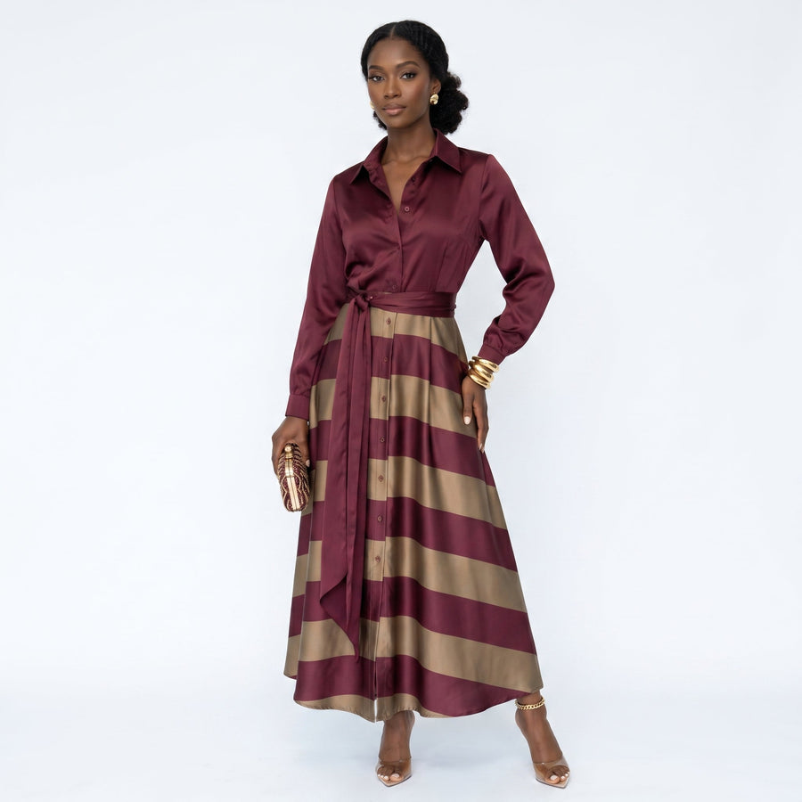 Beatriz - Vestido de Cetim às Riscas Elegante