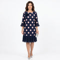 Clara - Vestido Azul Marinho às Bolinhas com Detalhe de Folhos