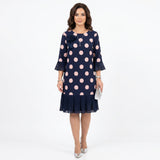 Clara - Vestido Azul Marinho às Bolinhas com Detalhe de Folhos