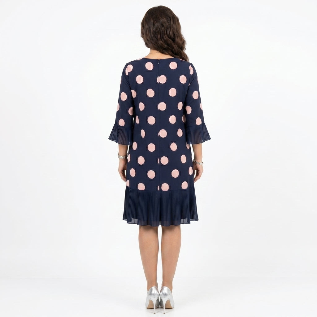 Clara - Vestido Azul Marinho às Bolinhas com Detalhe de Folhos