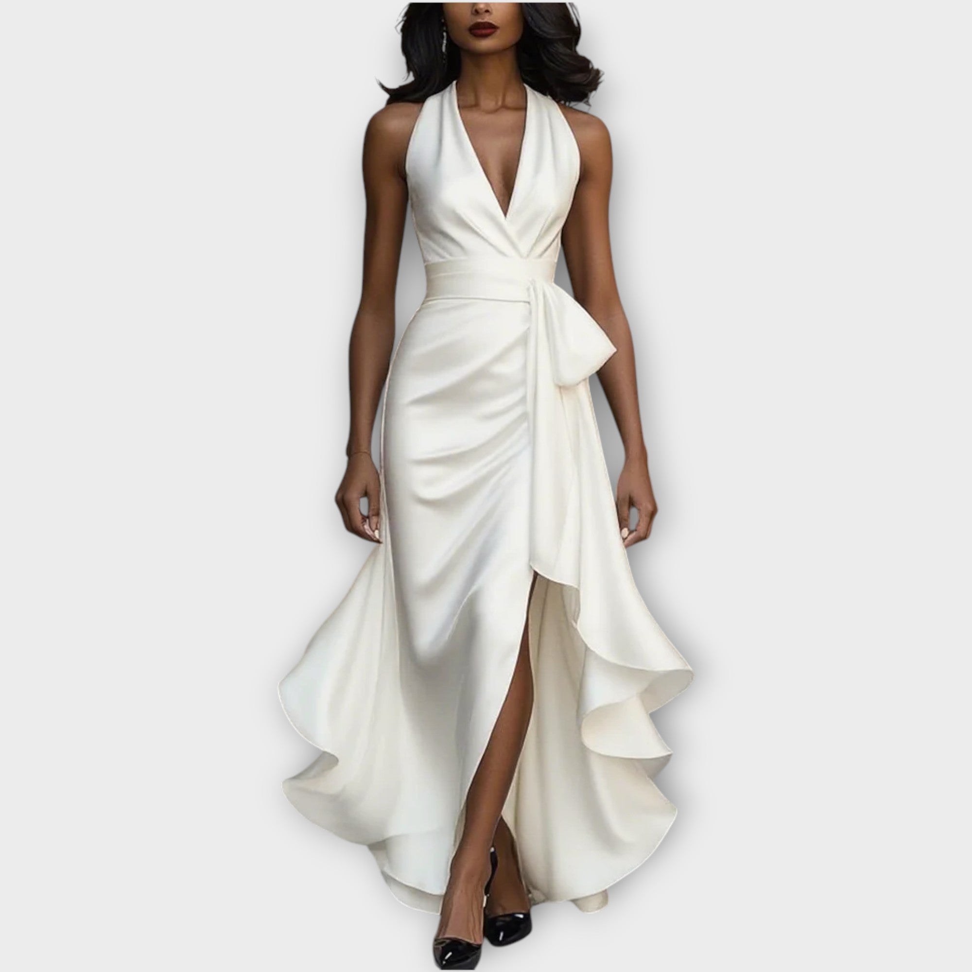 Satin Halter Dress with Draped Waist