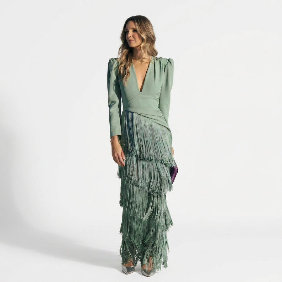 Gabriela - Vestido Longo de Franjas com Decote em V